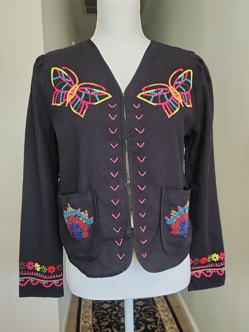 Johnny Was Top Carmina Bolero Embroidered Butterfly Jacket Black Linen Blend S
